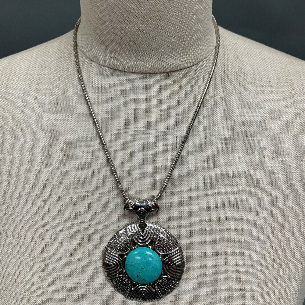 Silver-tone Round Turquoise Blue Pendant Chain‎ Necklace